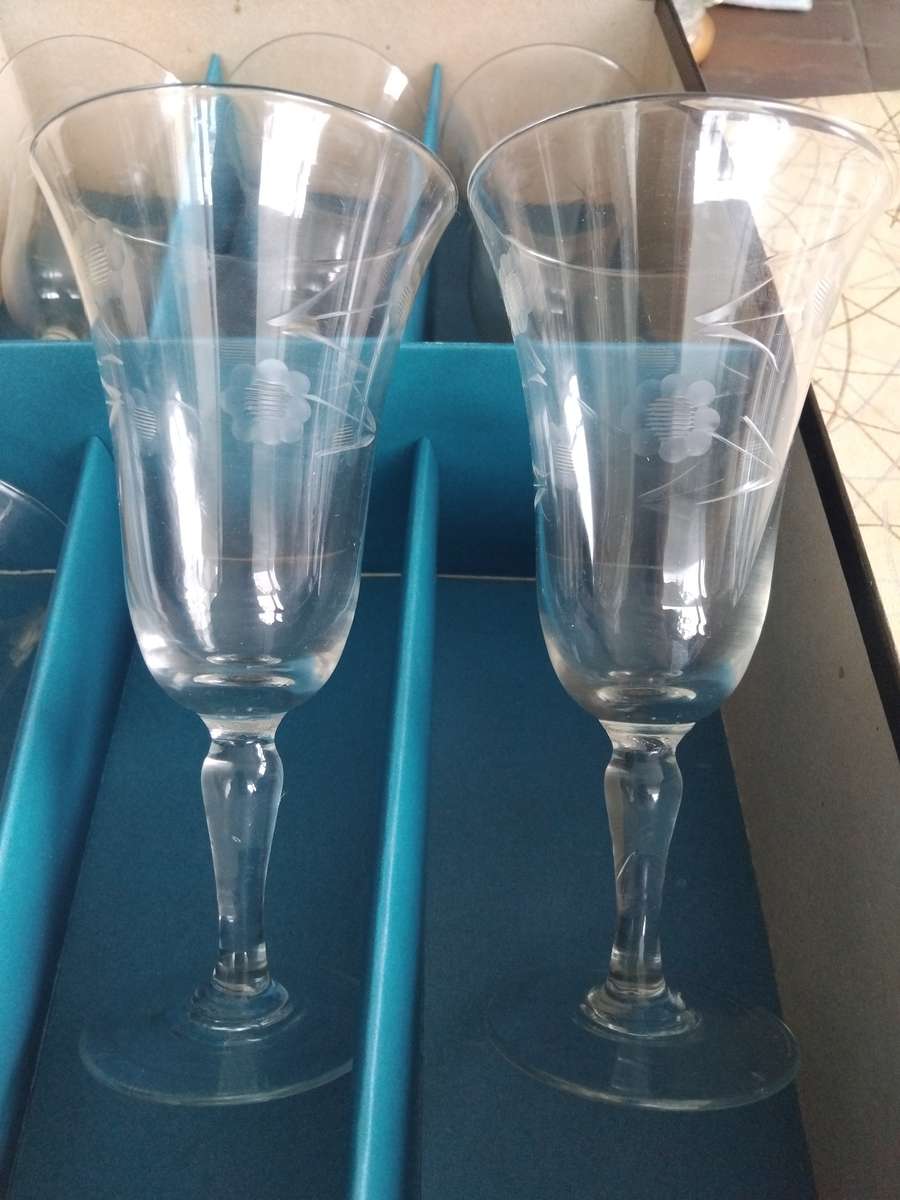 6 Vintage 1950s Etched Flower Crystal Champagne Wine Glasses In Original Box Mid Century