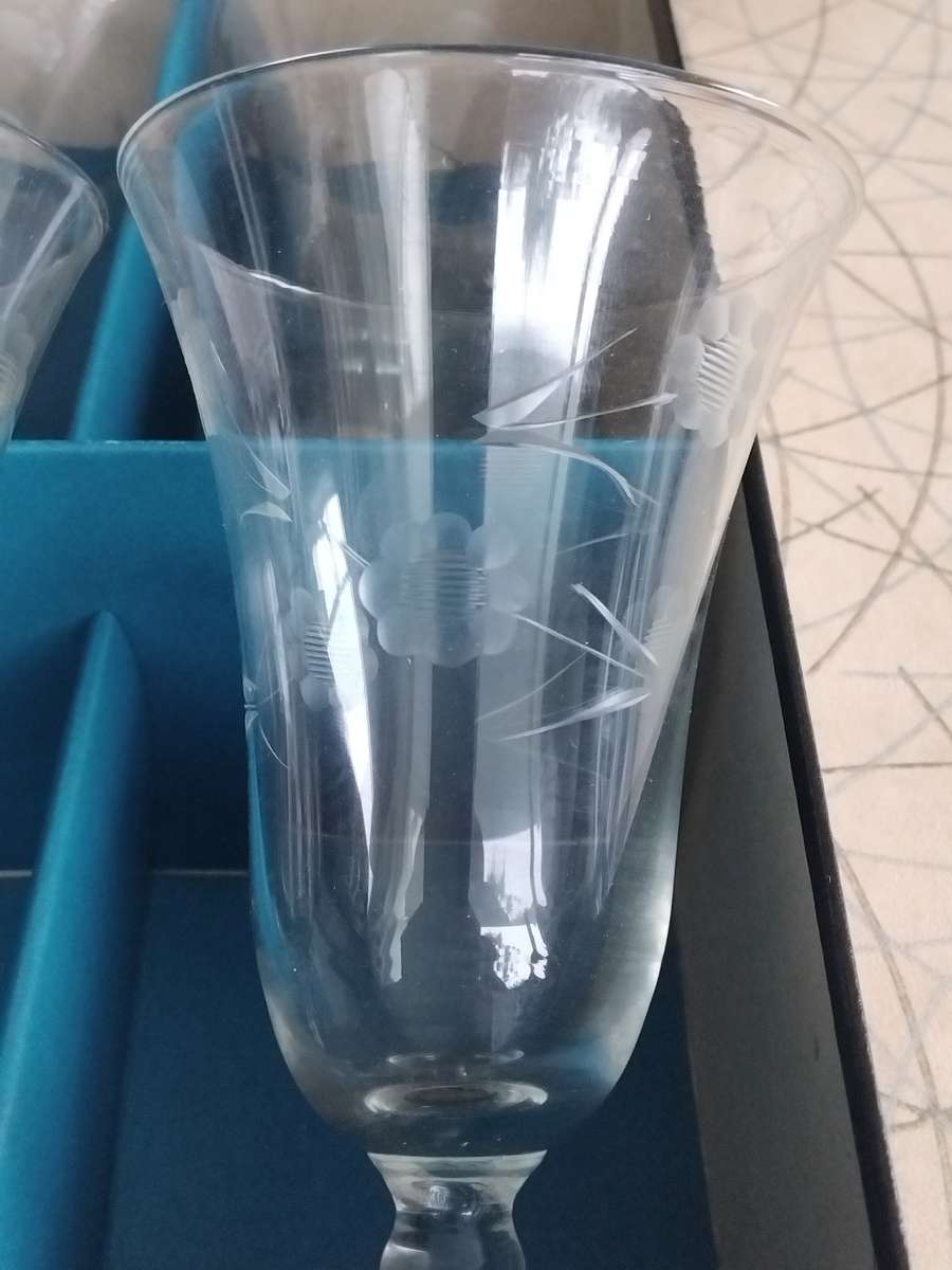 6 Vintage 1950s Etched Flower Crystal Champagne Wine Glasses In Original Box Mid Century