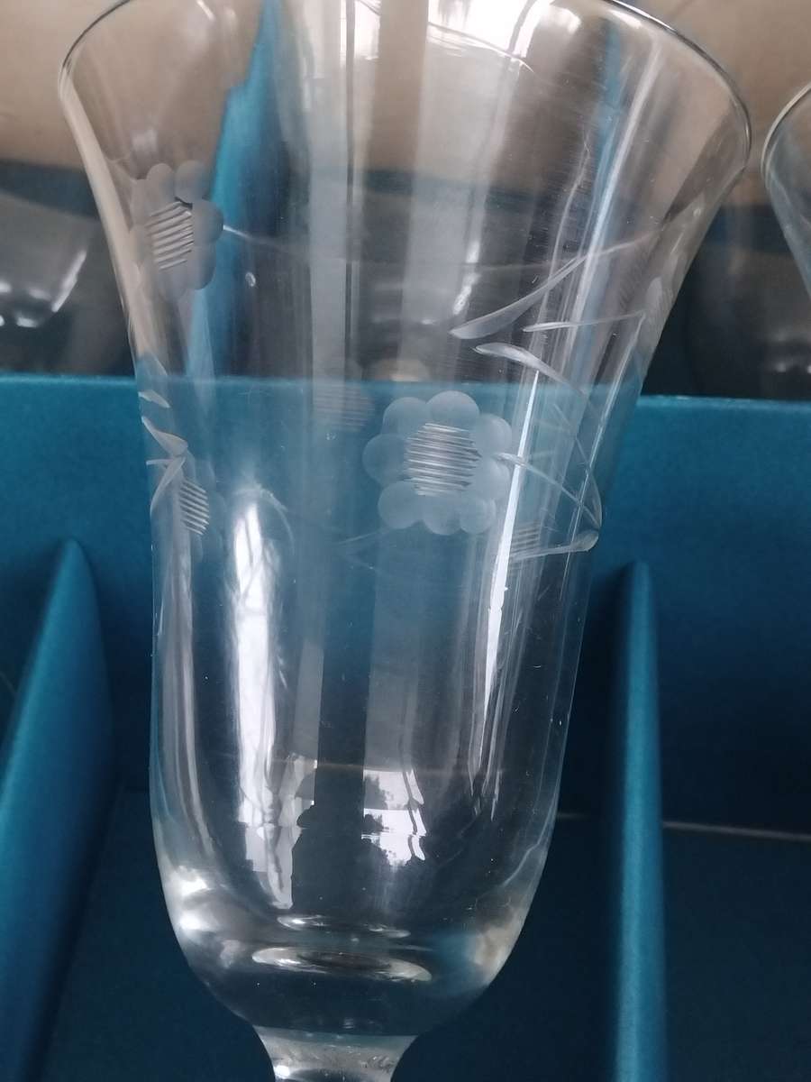 6 Vintage 1950s Etched Flower Crystal Champagne Wine Glasses In Original Box Mid Century