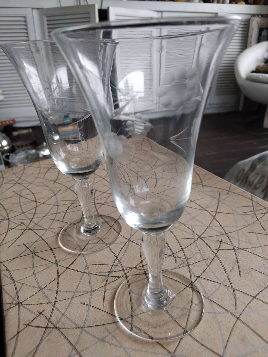 6 Vintage 1950s Etched Flower Crystal Champagne Wine Glasses In Original Box Mid Century