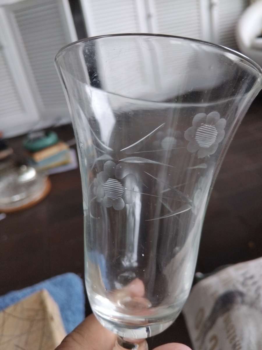 6 Vintage 1950s Etched Flower Crystal Champagne Wine Glasses In Original Box Mid Century