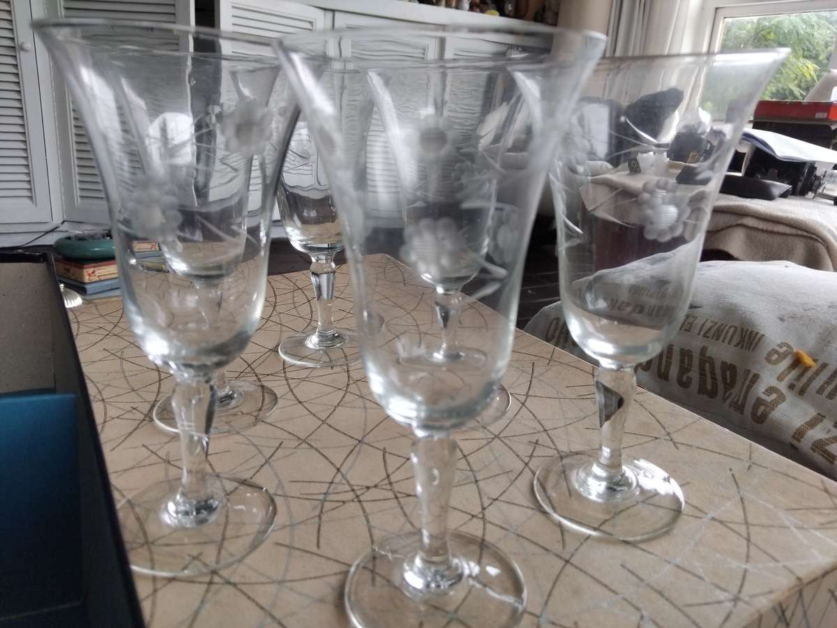 6 Vintage 1950s Etched Flower Crystal Champagne Wine Glasses In Original Box Mid Century