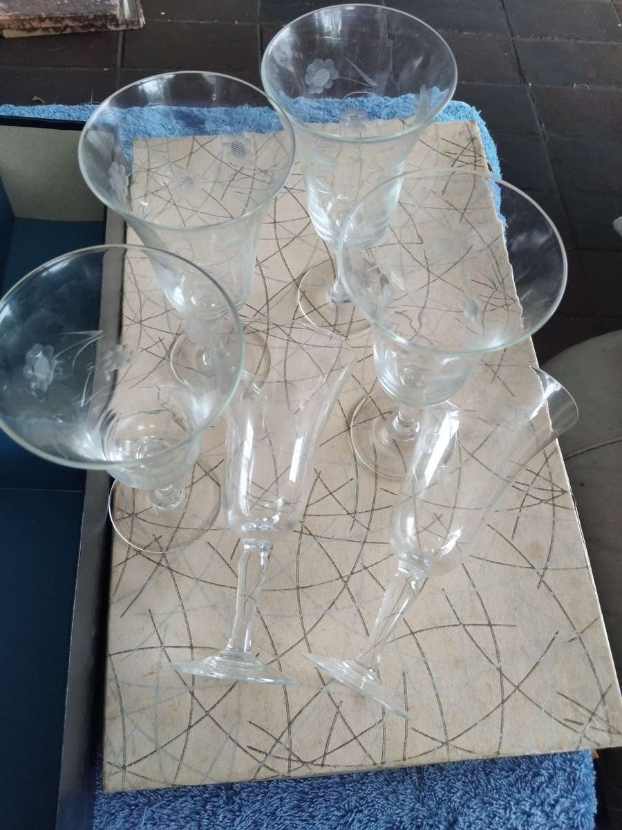 6 Vintage 1950s Etched Flower Crystal Champagne Wine Glasses In Original Box Mid Century