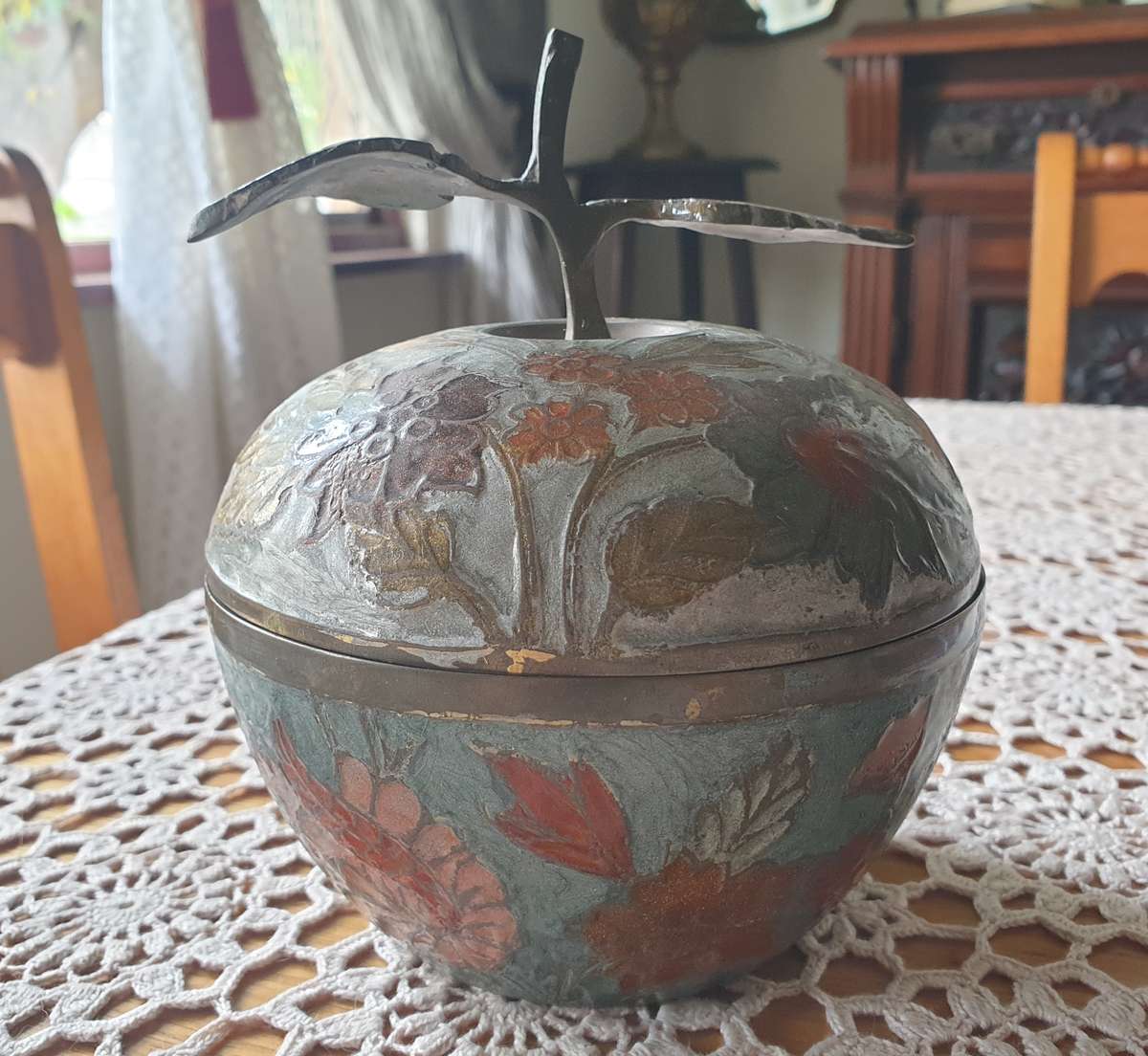 Vintage Brass apple " cloisonne style with colorful flowers