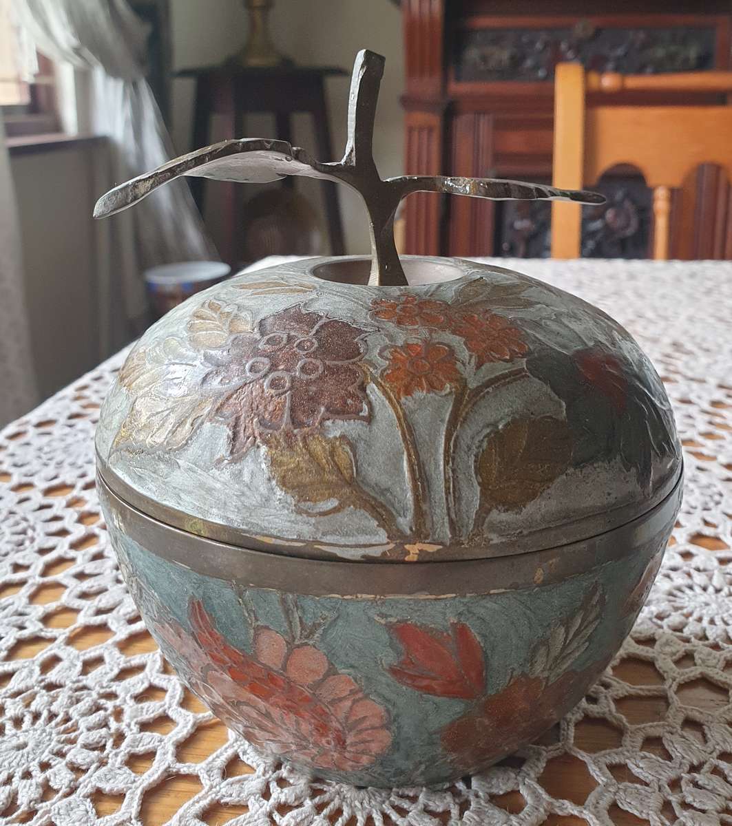 Vintage Brass apple " cloisonne style with colorful flowers
