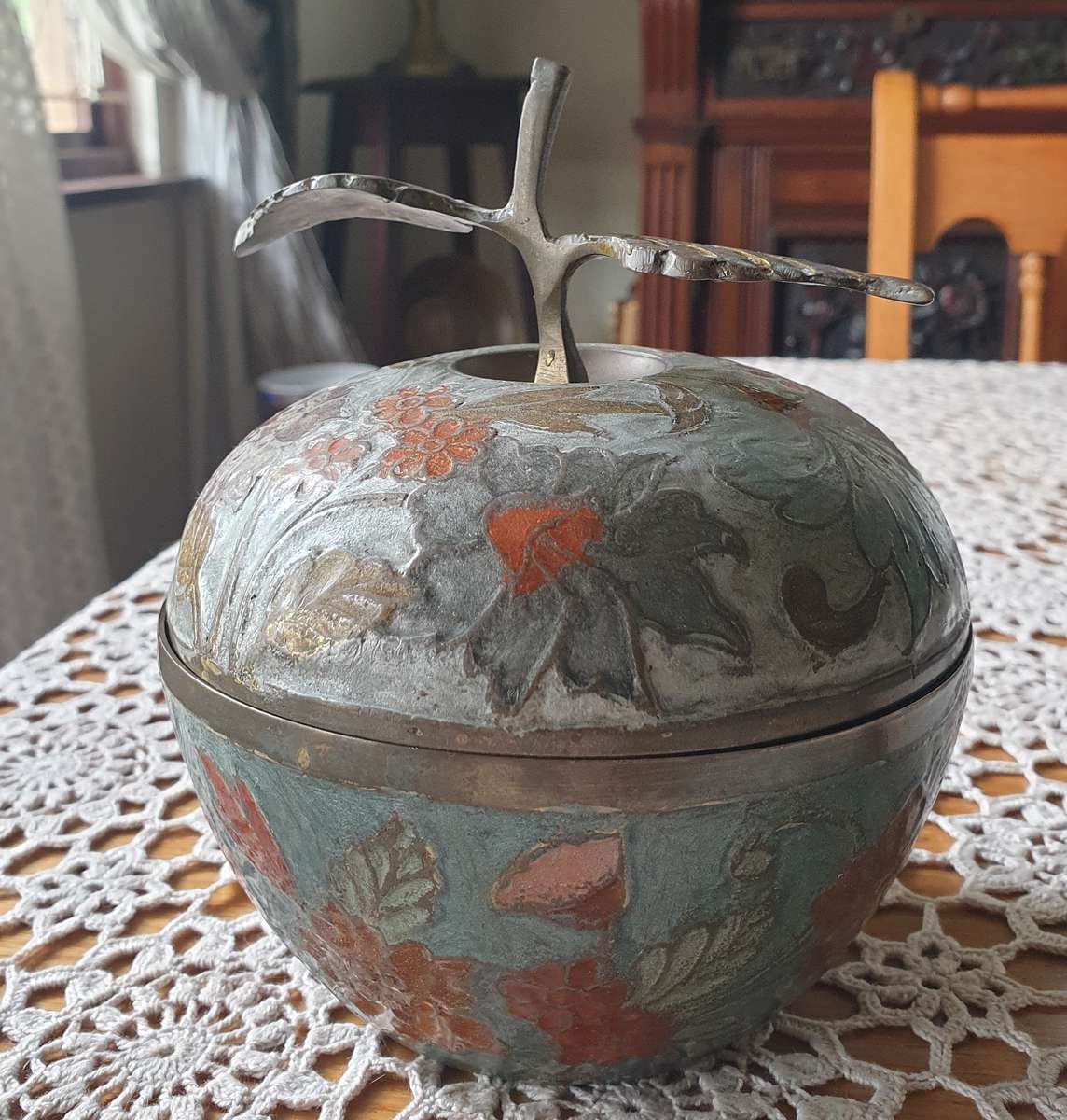 Vintage Brass apple " cloisonne style with colorful flowers