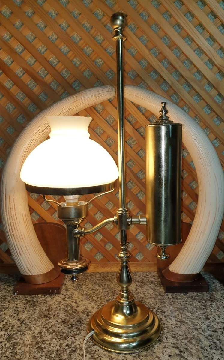 19TH CENTURY BRASS STUDENTS LAMP WITH ORIGINAL MILK GLASS SHADE - Only one for sale in South Africa