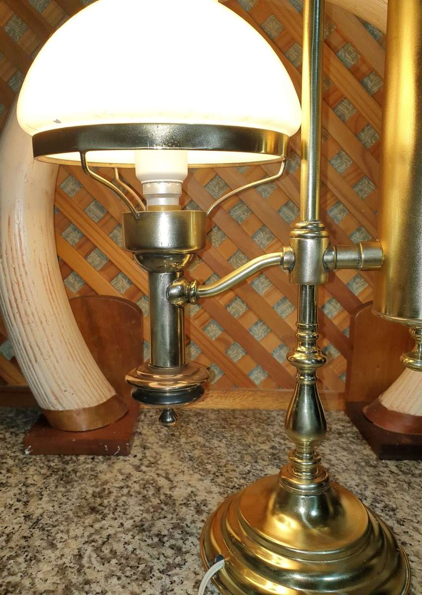 19TH CENTURY BRASS STUDENTS LAMP WITH ORIGINAL MILK GLASS SHADE - Only one for sale in South Africa