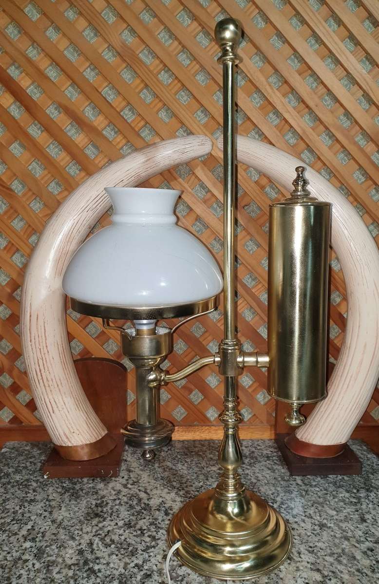 19TH CENTURY BRASS STUDENTS LAMP WITH ORIGINAL MILK GLASS SHADE - Only one for sale in South Africa