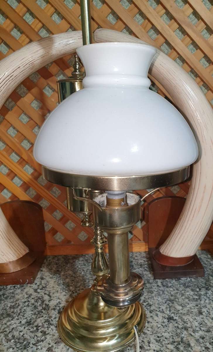 19TH CENTURY BRASS STUDENTS LAMP WITH ORIGINAL MILK GLASS SHADE - Only one for sale in South Africa
