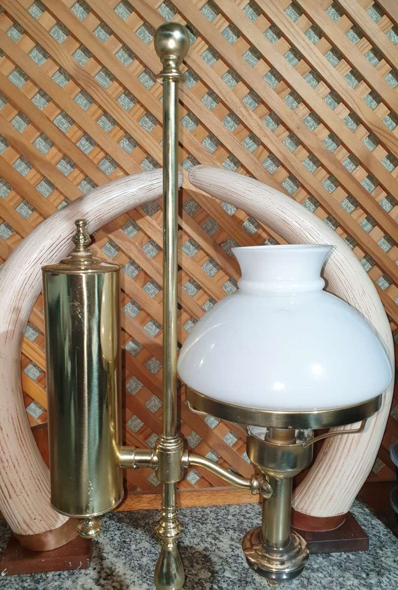 19TH CENTURY BRASS STUDENTS LAMP WITH ORIGINAL MILK GLASS SHADE - Only one for sale in South Africa