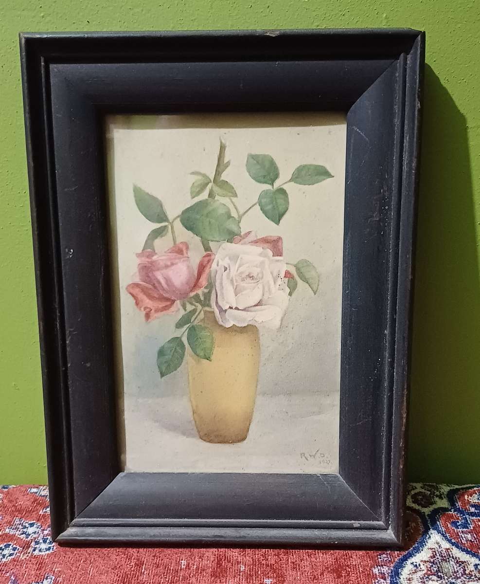 Antique 1917 R.W.D. Watercolor Painting  Roses in Vase  Vintage Wooden Frame with Glass