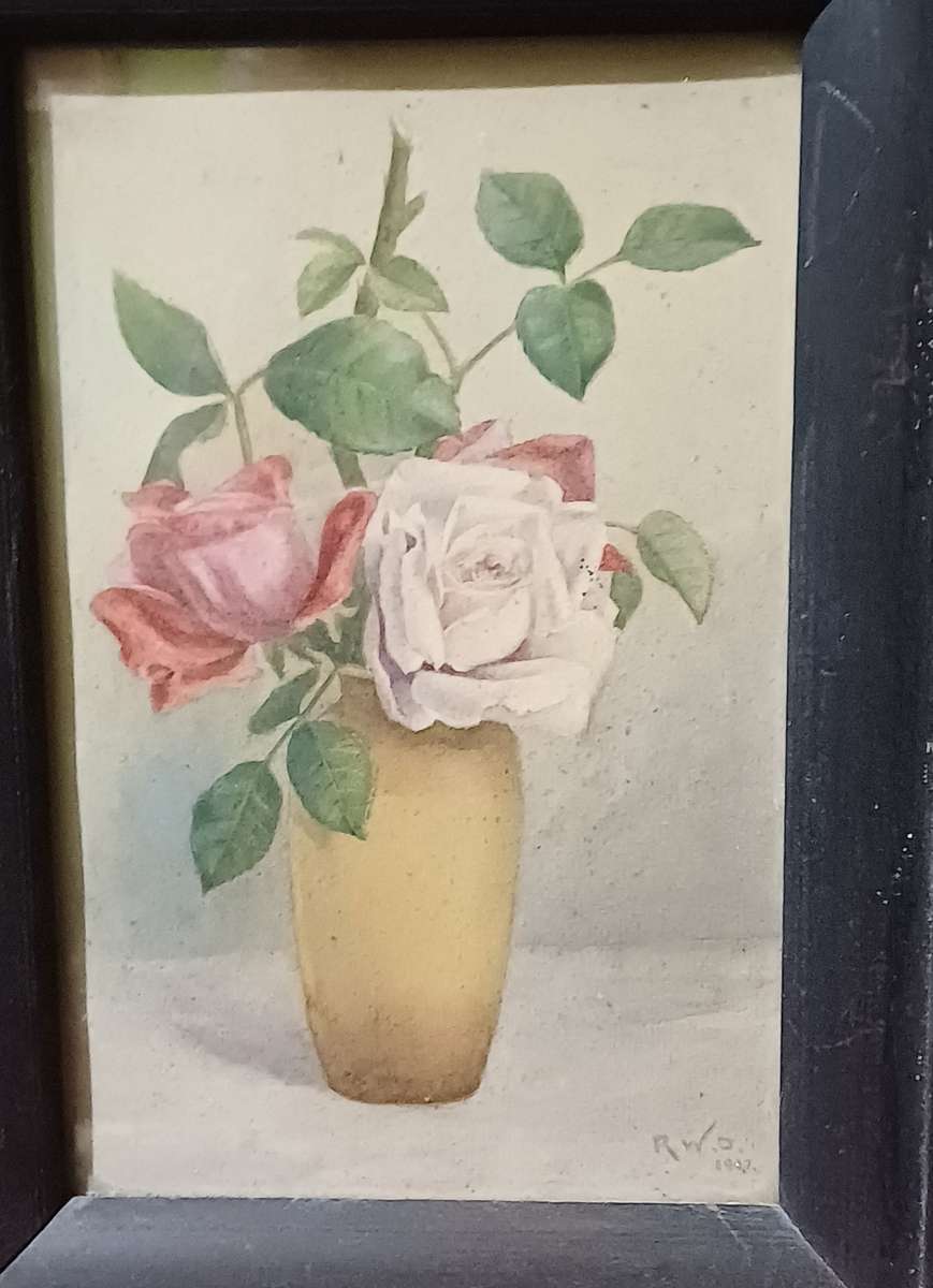 Antique 1917 R.W.D. Watercolor Painting  Roses in Vase  Vintage Wooden Frame with Glass