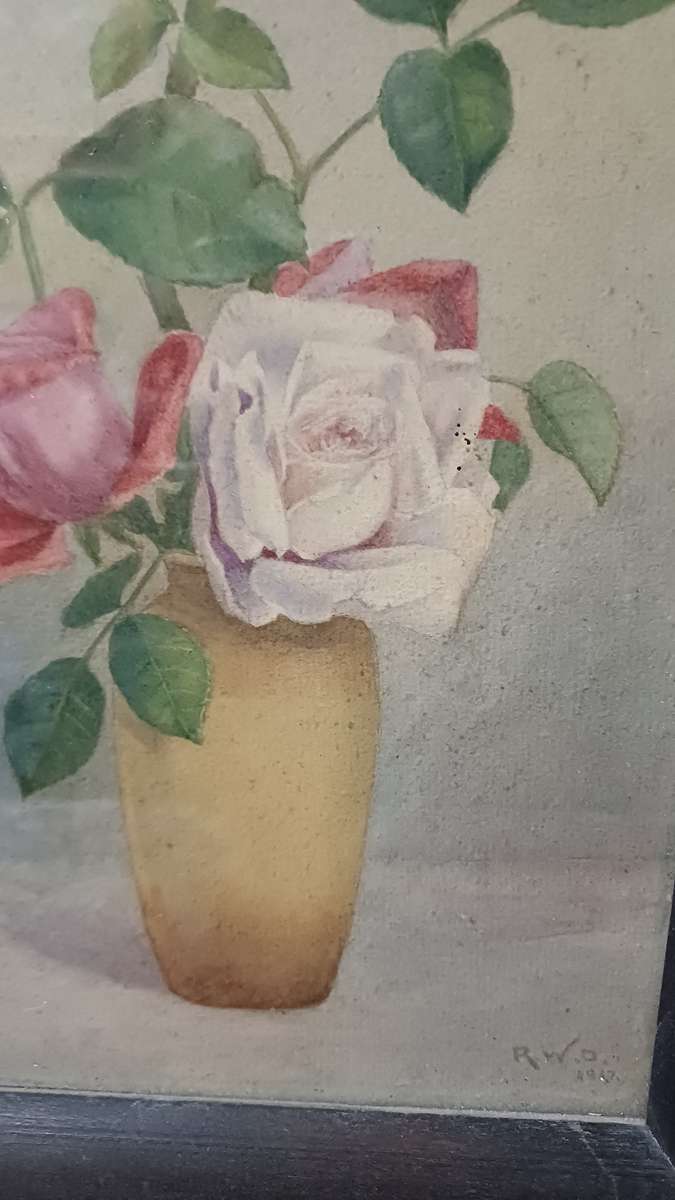 Antique 1917 R.W.D. Watercolor Painting  Roses in Vase  Vintage Wooden Frame with Glass