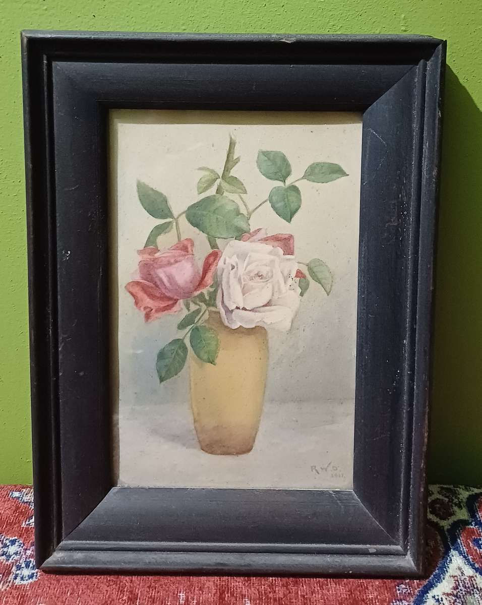 Antique 1917 R.W.D. Watercolor Painting  Roses in Vase  Vintage Wooden Frame with Glass