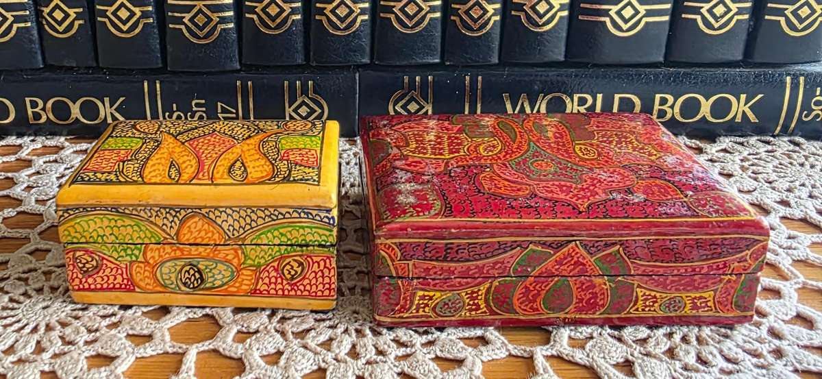 Set of 2 Vintage Papier-Mâché Trinket Boxes  Handcrafted Charm