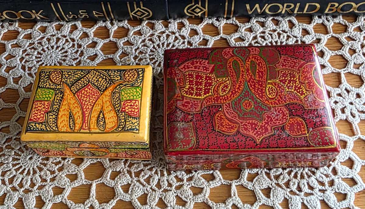 Set of 2 Vintage Papier-Mâché Trinket Boxes  Handcrafted Charm