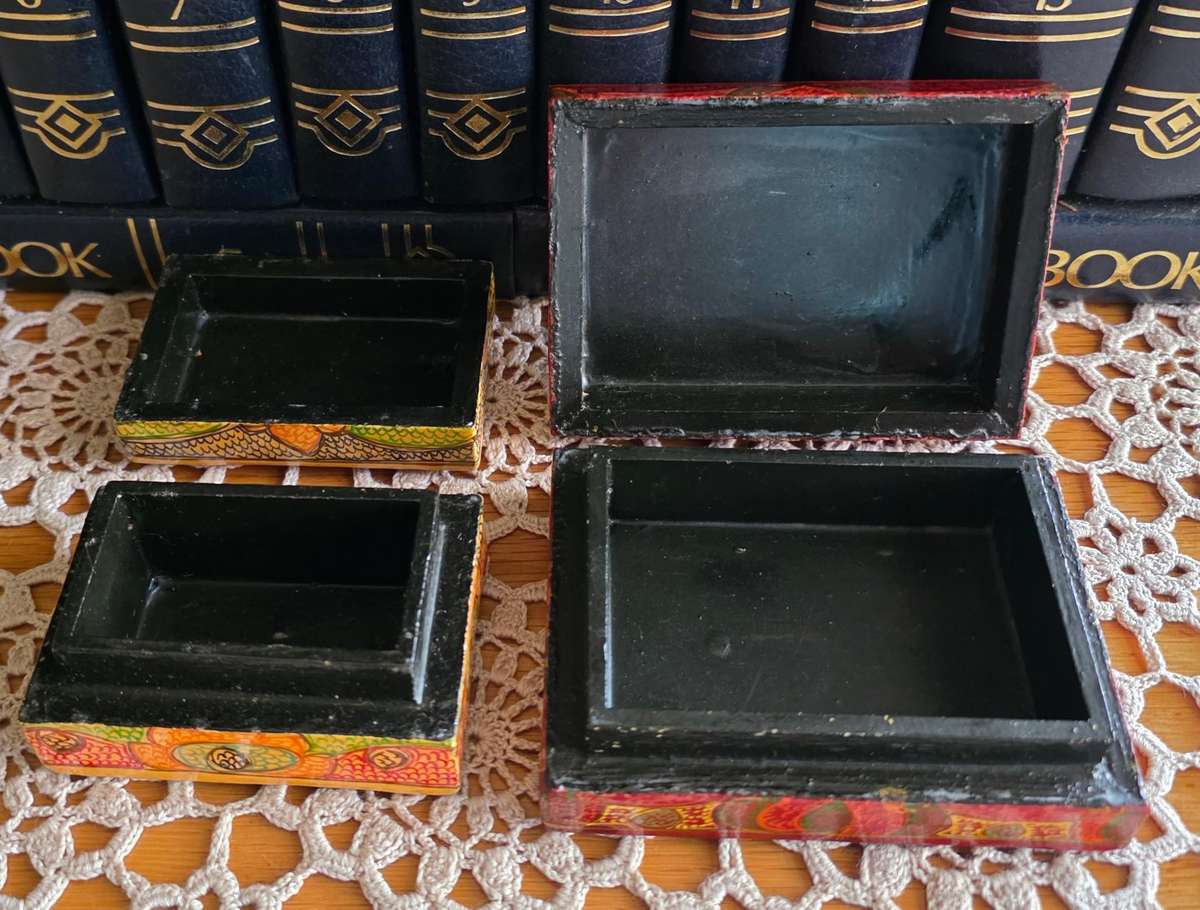 Set of 2 Vintage Papier-Mâché Trinket Boxes  Handcrafted Charm