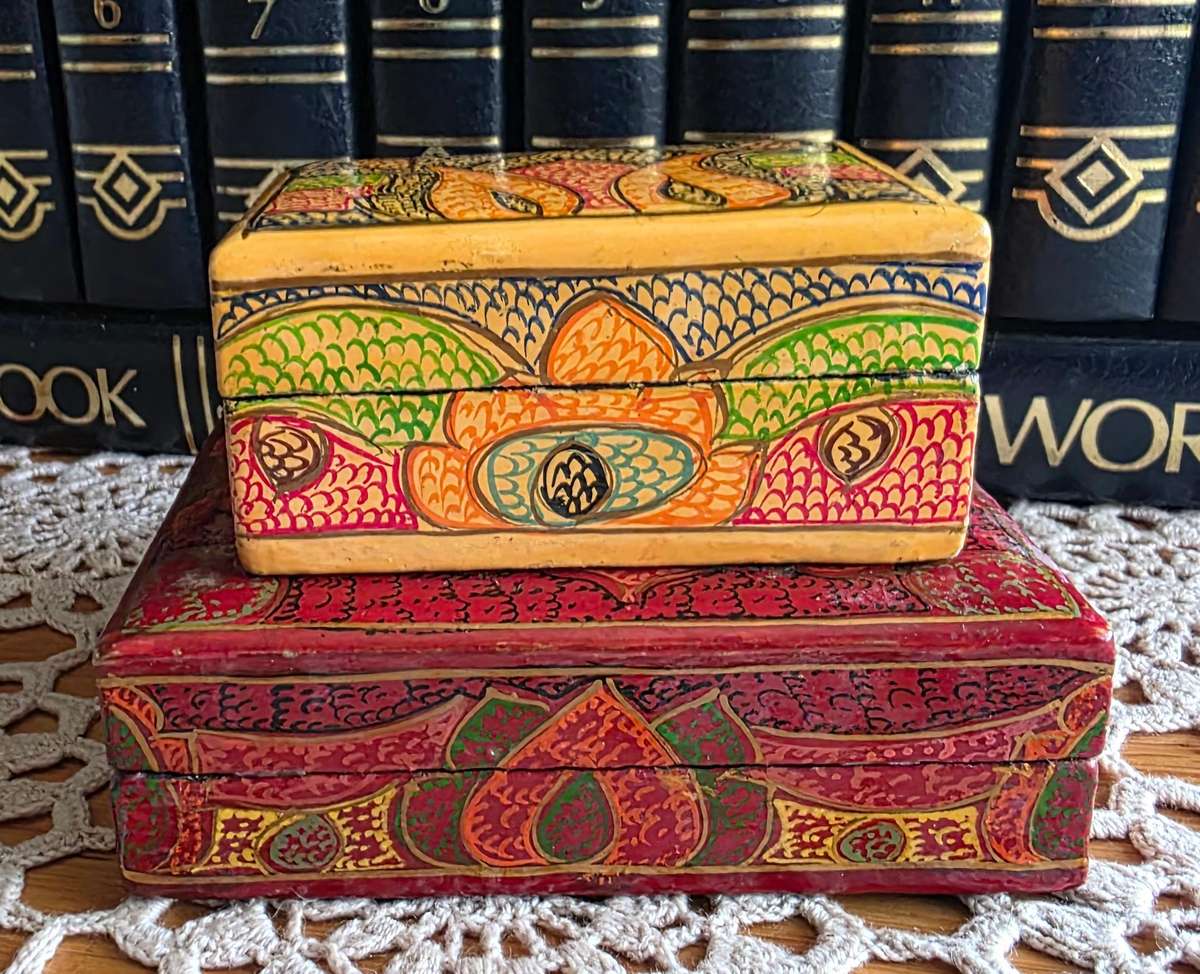 Set of 2 Vintage Papier-Mâché Trinket Boxes  Handcrafted Charm