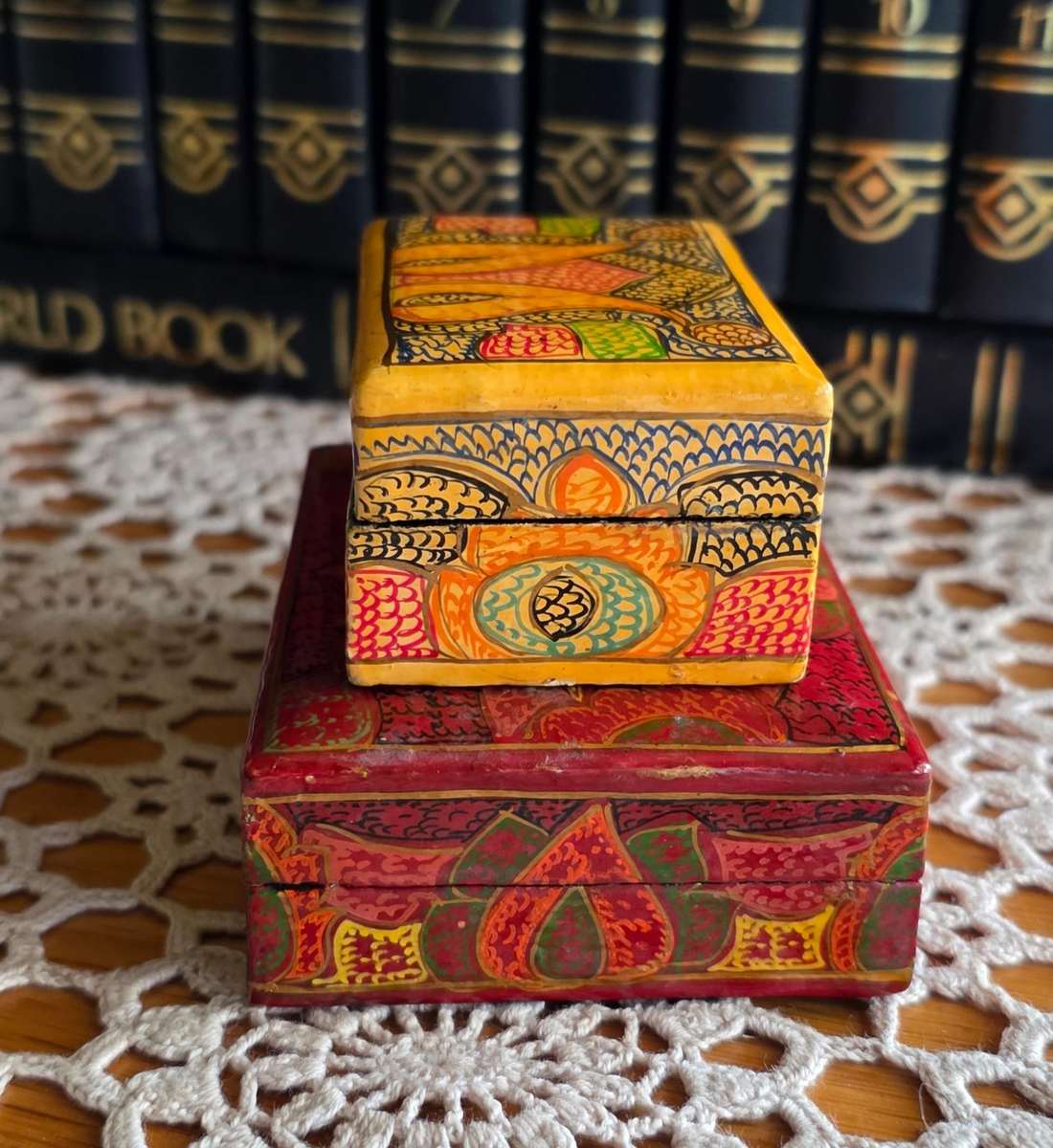 Set of 2 Vintage Papier-Mâché Trinket Boxes  Handcrafted Charm