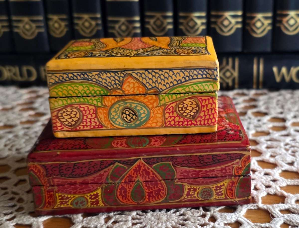 Set of 2 Vintage Papier-Mâché Trinket Boxes  Handcrafted Charm