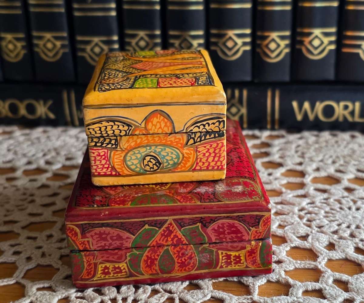 Set of 2 Vintage Papier-Mâché Trinket Boxes  Handcrafted Charm