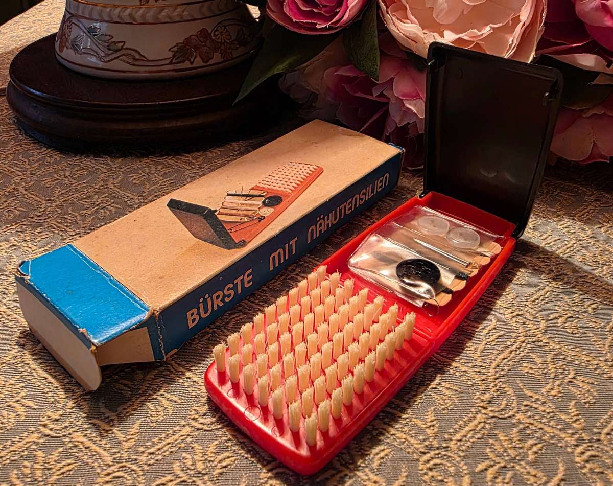 Brush with sewing supplies, retro