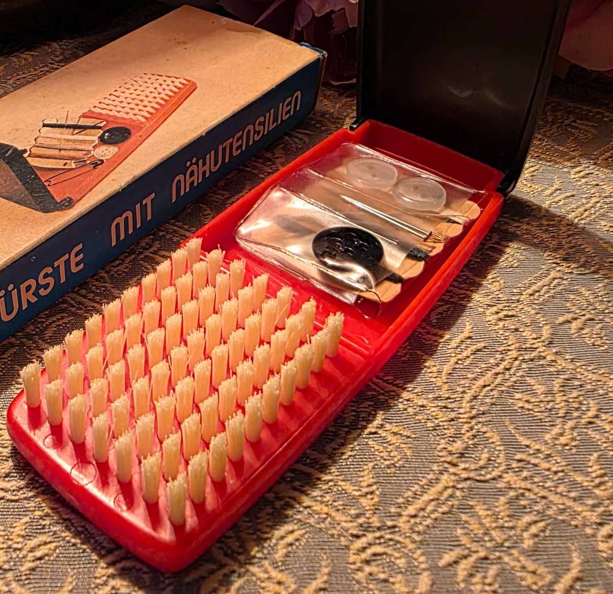 Brush with sewing supplies, retro