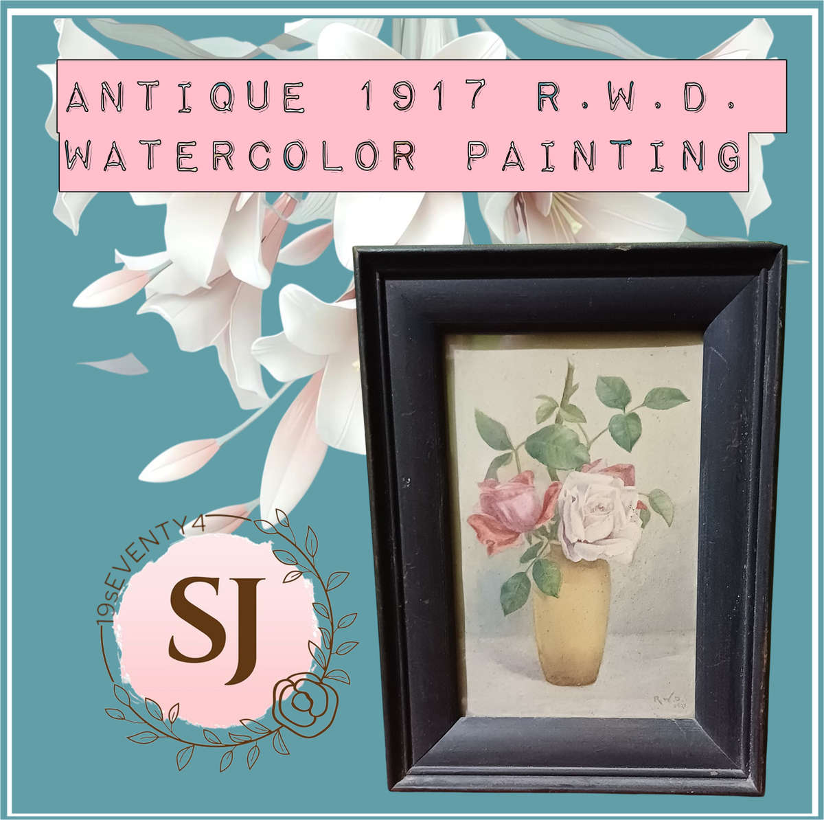 Antique 1917 R.W.D. Watercolor Painting  Roses in Vase  Vintage Wooden Frame with Glass