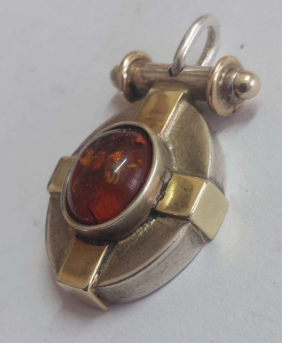 Amazing vintage sterling silver, 9ct gold & amber pendant 8.0g