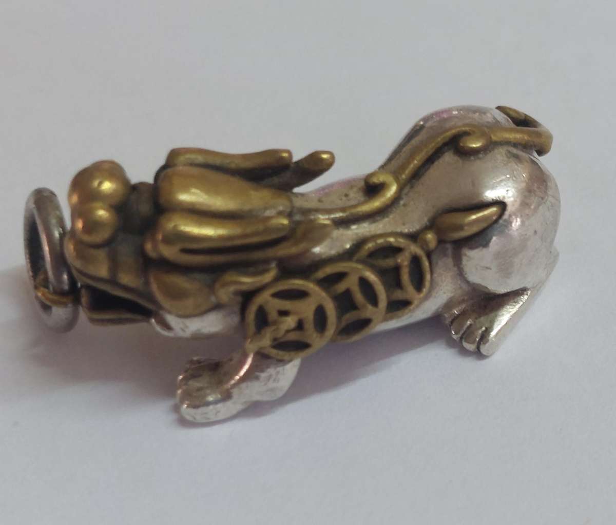 AMAZING!! vintage Chinese sterling silver & bronze fortune money dragon pendant 15.2g Value R1800