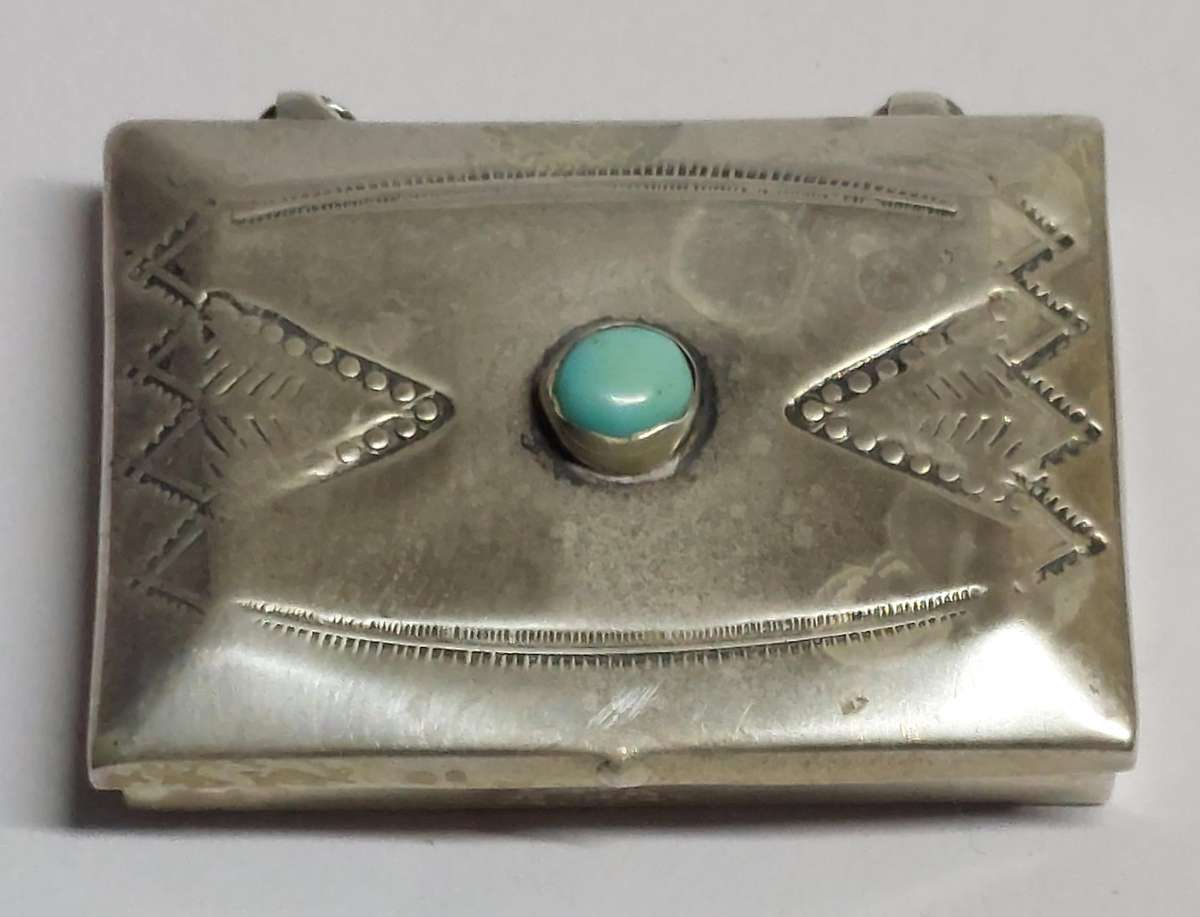 Rare vintage Navajo sterling silver turquoise pill box 9.5g