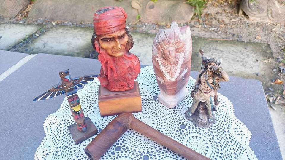 3 American Indian Figurines, Totem Pole and Peace Pipe