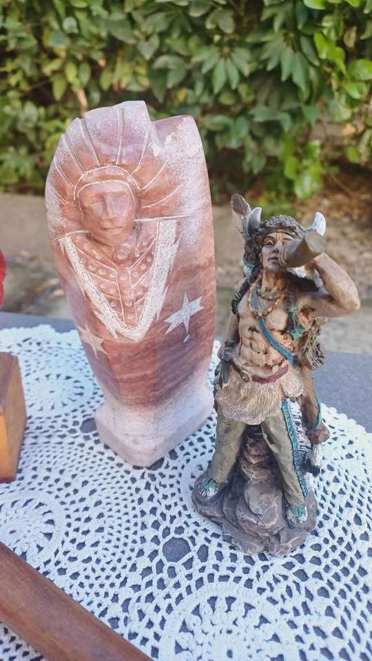 3 American Indian Figurines, Totem Pole and Peace Pipe