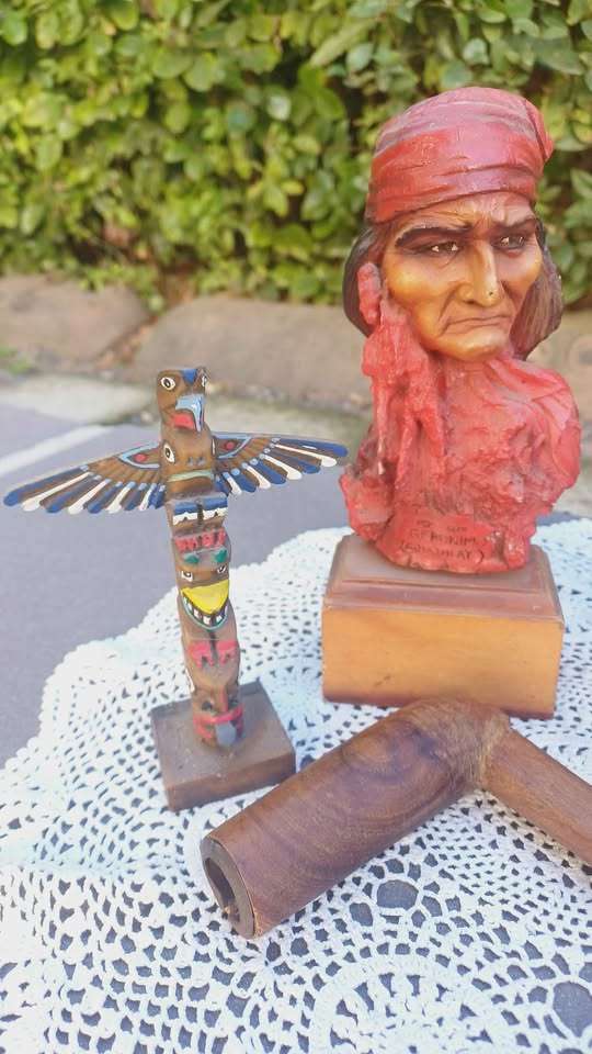 3 American Indian Figurines, Totem Pole and Peace Pipe