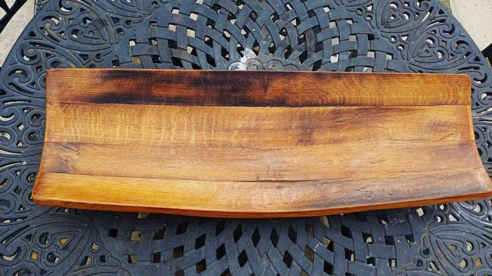 Impressively large curved oblong reclaimed oak wine barrel serving platter