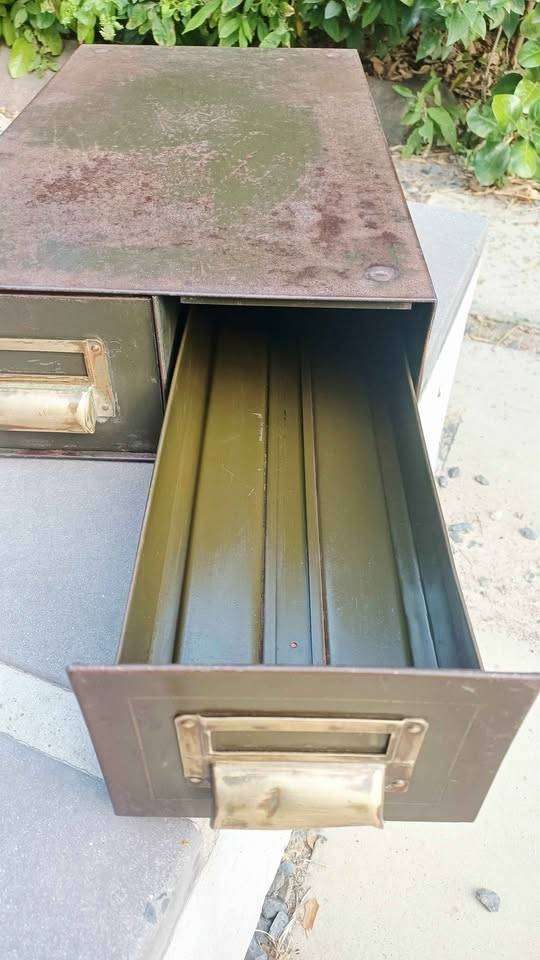 Vintage metal 2 drawer Index Card filing cabinet with brass handles