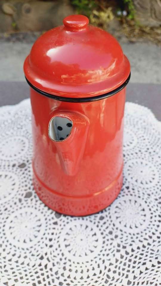 Vintage Red Enamel Coffee Pot - Stove Top - Made in Poland