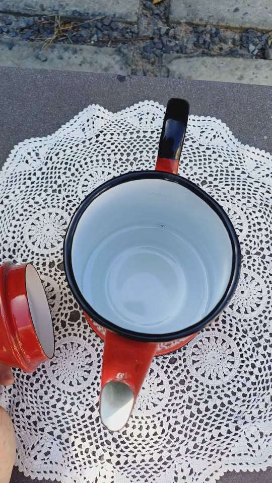 Vintage Red Enamel Coffee Pot - Stove Top - Made in Poland