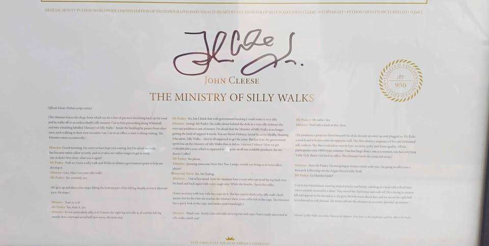Rare Monty Python Worldwide limited-edition lithograph signed by John Cleese.  183 of 950