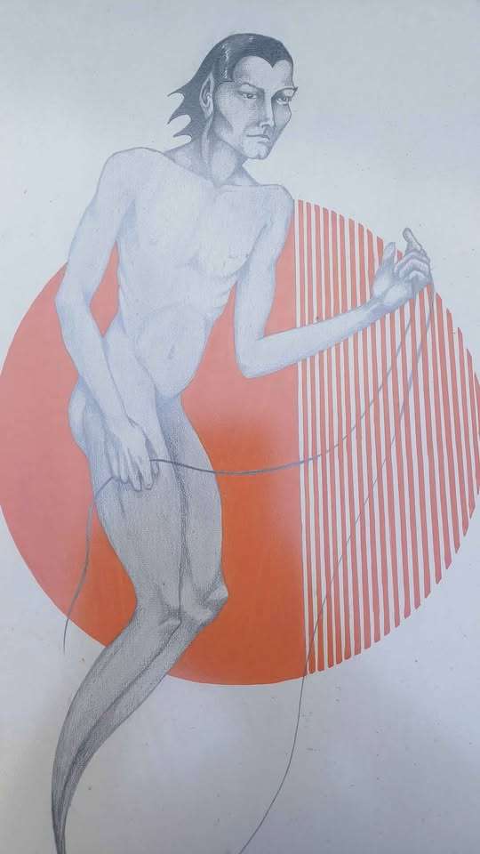 Bizarre male figure print. Framed behind glass.