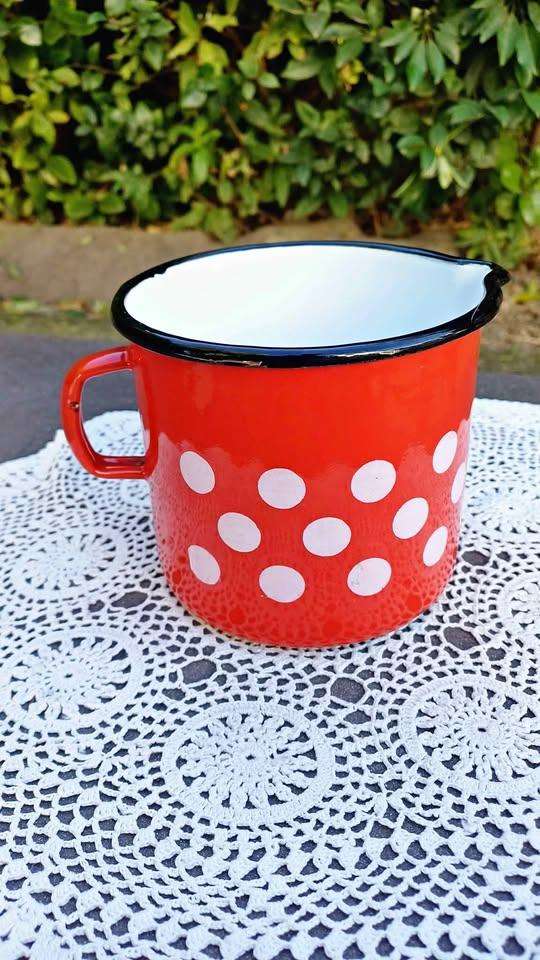 Vintage Romanian Red polka dot Enamel Measuring Cup with original sticker