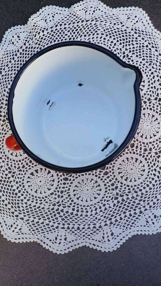 Vintage Romanian Red polka dot Enamel Measuring Cup with original sticker