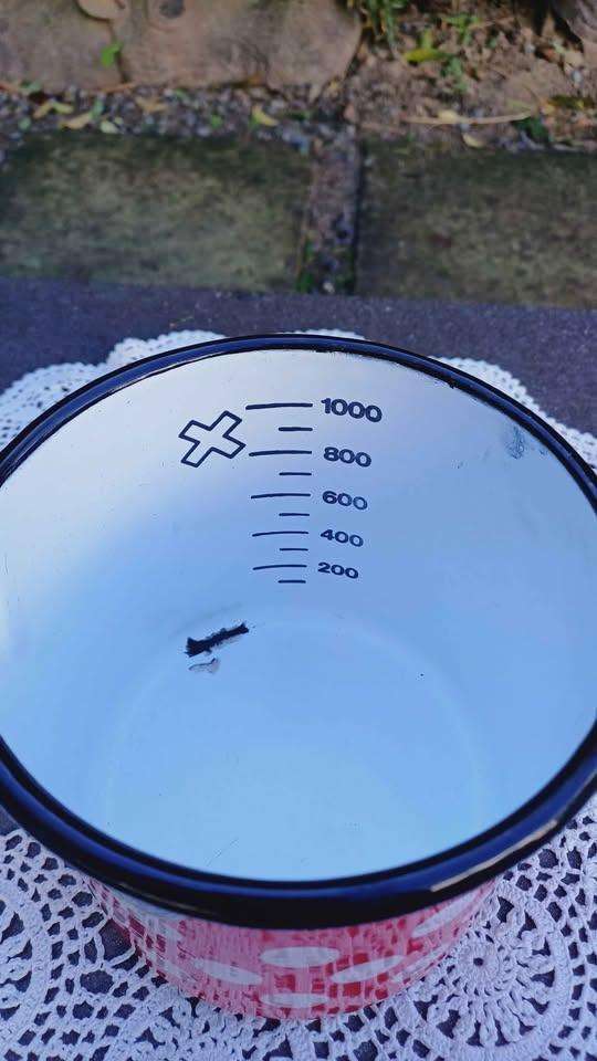 Vintage Romanian Red polka dot Enamel Measuring Cup with original sticker