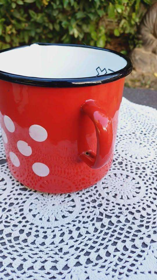 Vintage Romanian Red polka dot Enamel Measuring Cup with original sticker