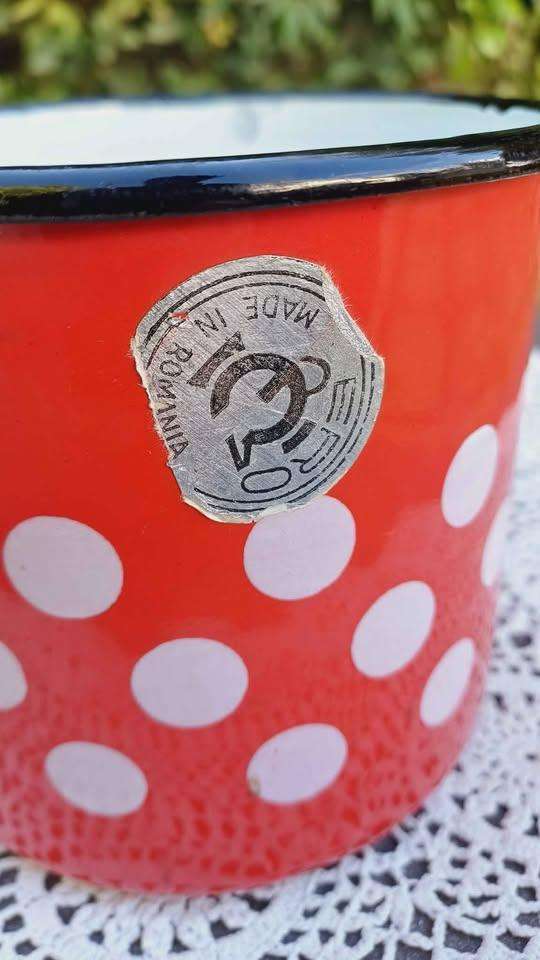 Vintage Romanian Red polka dot Enamel Measuring Cup with original sticker