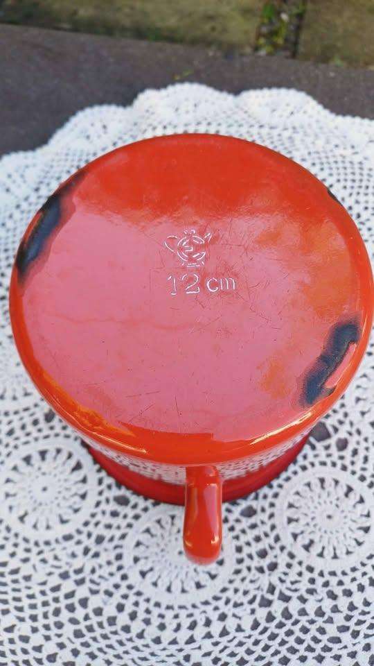 Vintage Romanian Red polka dot Enamel Measuring Cup with original sticker