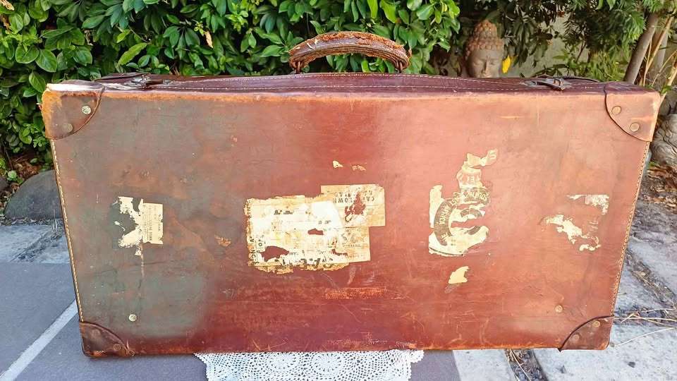Vintage Leather Suitcase, original travel stickers and quirky provenance - Circa 1960s