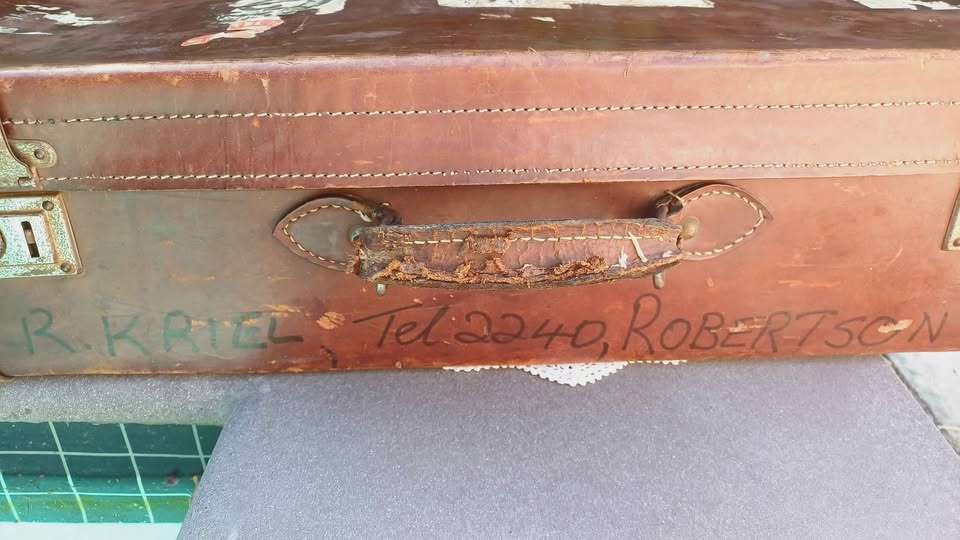 Vintage Leather Suitcase, original travel stickers and quirky provenance - Circa 1960s