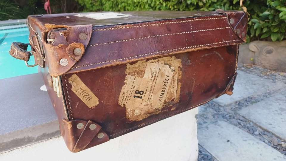 Vintage Leather Suitcase, original travel stickers and quirky provenance - Circa 1960s